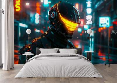 Stylish 3D render of a cyberpunk character with a glowing visor, futuristic armor, and neon lights in the background,  created by ai Wall mural