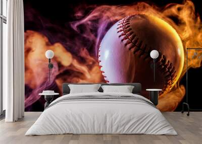 White baseball ball in multi-colored red smoke from a vape on a black isolated background Wall mural