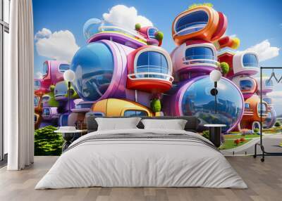 wonderful and colorful futuristic house in cartoon style in a magical city Wall mural