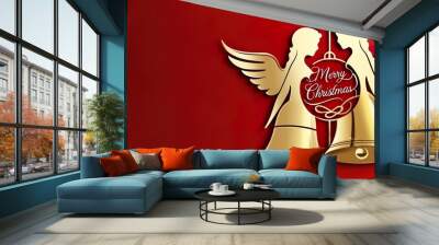 Christmas card with two golden angels on red background 2025 Wall mural