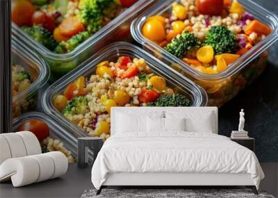 Healthy meal prep with fresh vegetables and grains in containers, ideal for diet planning and portion control. Wall mural