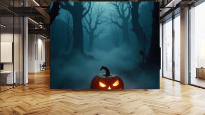 Scary halloween pumpkin in foggy forest. Scary halloween background Wall mural