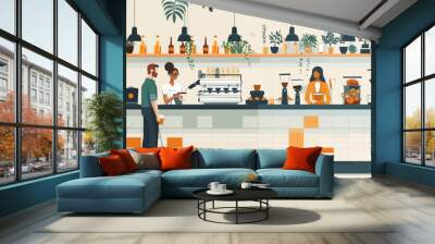 A bustling coffee shop with baristas serving up delicious drinks to eager customers. Vector flat minimalistic isolated illustration. Wall mural