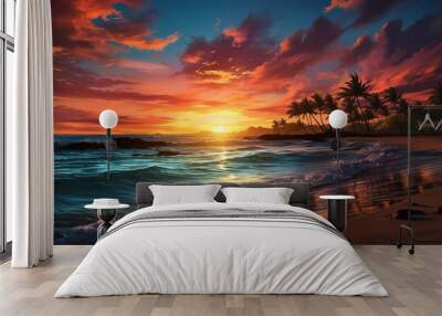 A captivating scene of palm tree silhouettes set against the backdrop of a breathtaking tropical sunset beach, evoking a sense of tranquility and beauty. Wall mural