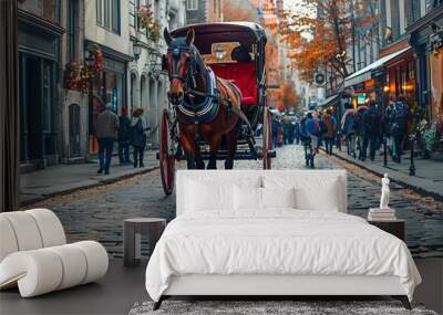 A horse-drawn carriage clopping through a cobblestone street, tourists snapping photos. Wall mural