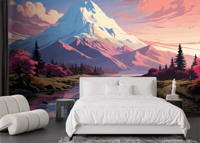 a lakeside walkway with beautiful mountain scenery in the background in anime style vector flat bright colors Wall mural