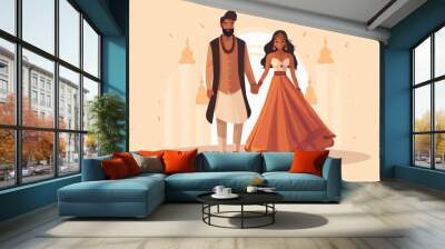 A man and woman are walking together in a wedding dress Wall mural