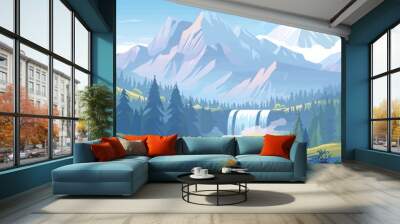 A serene mountain landscape with cascading waterfalls and alpine meadows. Vector flat minimalistic isolated illustration Wall mural