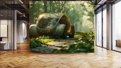 A solar-powered car driving through a lush green forest, its electric motor humming silently. Wall mural