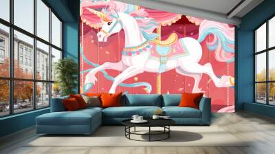 A whimsical carousel horse adorned with colorful ribbons. Vector flat minimalistic isolated illustration. Wall mural