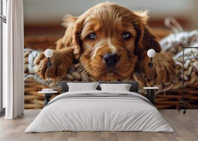 Adorable puppy in a basket, 4K hyperrealistic photo Wall mural