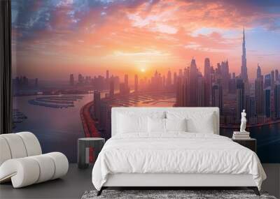 Aerial view of Dubai Marina at sunset, Dubai, United Arab Emirates. Wall mural