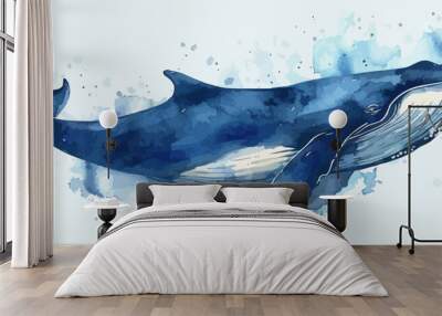 Beautiful whale hand drawn watercolor illustration sea animals Wall mural