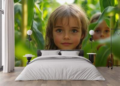 Children playing hide and seek in a corn maze Wall mural