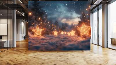 Christmas stars hanging in the night sky, casting a soft, magical glow over a snow-covered landscape, creating a serene holiday scene. 4K hyperrealistic photo. Wall mural