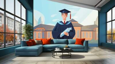 college graduate holding diploma certificate degree achievement graduation cap robe vector illustration - Wall mural