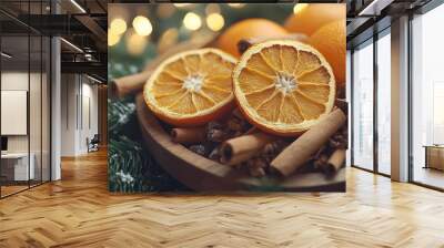 Crafting homemade Christmas potpourri with dried oranges, cinnamon sticks, and cloves, ready to be packaged as gifts. 4K hyperrealistic photo. Wall mural