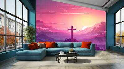 Cross and Crown of thorns on the mountain with sunset. Good friday background banner. Christian concept design. vector art illustration Wall mural