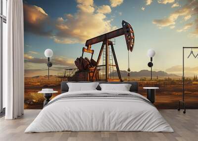 Crude oil pumpjack rig on desert silhouette in evening sunset, energy industrial machine for petroleum gas production background. Wall mural