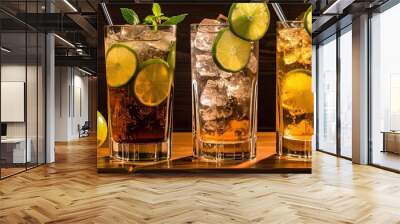 Cuba Libre or long island iced tea cocktail with strong drinks, cola, lime and ice in glass, cold longdrink Wall mural