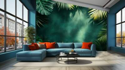 Exotic palm leaves shadows on dark green paper background, lush silhouettes texture, abstract defocused backdrop for product placement Wall mural