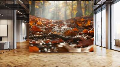 Fallen leaves on a forest floor, 4K hyperrealistic photo Wall mural