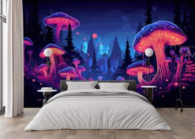 Fantasy Landscape with Neon Mushrooms isolated vector style illustration Wall mural