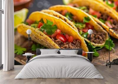 Flavorful beef tacos with salsa and guacamole, 4K hyperrealistic photo Wall mural