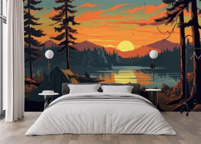 forest landscape camping dog trees lake sunset fall nature inspired vector illustration Wall mural