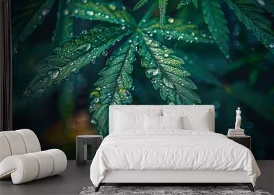 Fresh dew drops on vibrant green cannabis leaf Generative AI image Wall mural