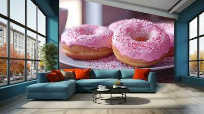 Freshly baked donuts on a plate, 4K hyperrealistic photo Wall mural