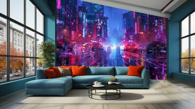 futuristic cyberpunk neon city. vector simple illustration Wall mural