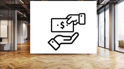 Give money outline icon. Payment with money. Hand holding paycheck icon. Wall mural