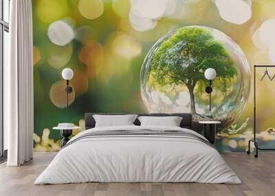 glass globe ball with tree growing and green nature blur background. eco earth day concept Wall mural