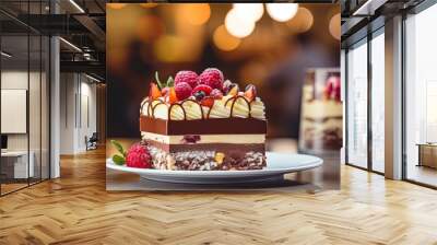 Gourmet desserts specialty coffee in elegant patisserie with hazy bokeh radiant background Wall mural