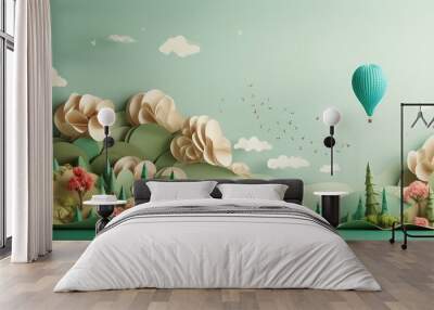 Green world paper cute style with Copy space, Earth day banner and World Environment day concept. Wall mural