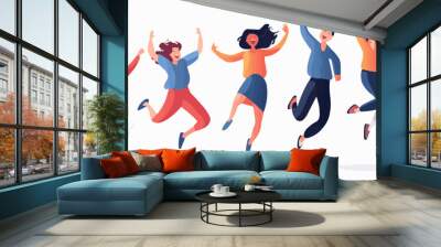 Happy joyful jumping characters set. Active energetic cheerful people celebrating success, victory. Young emotional men, women triumph. Flat graphic vector illustrations isolated on white backgro Wall mural