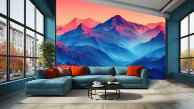 Illustration of abstract mountain range background with red and blue colors. Risograph style Wall mural