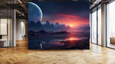 Landscape of an alien planet, view of another planet surface, science fiction background. Wall mural