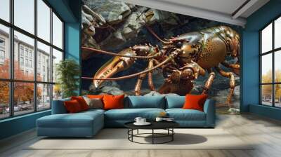 Lobster hiding in rocky underwater cave, 4K hyperrealistic photo Wall mural