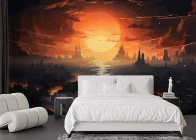 man floating in the sky and destroys the city with evil power, digital art style, illustration painting Wall mural