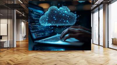 Man typing on laptop, cloud service hologram and devices sync Wall mural