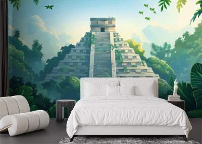 Mayan pyramid rising from the jungle canopy. Vector flat minimalistic isolated Wall mural