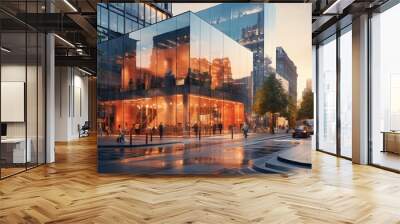 Modern glass building on the city street at sunset Wall mural