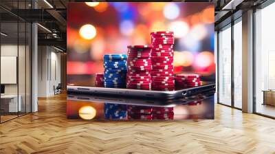 Online casino banner. Smartphone with playing chips on table on blurred neon background with bokeh effect. Internet gambling concept. Wall mural