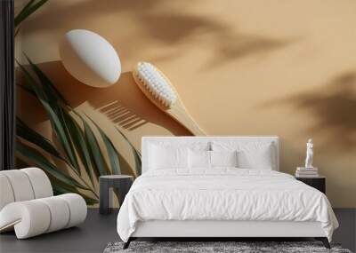 Organic wooden bamboo toothbrush and white egg composition on terracotta and beige background. Natural beauty and health concept. Wall mural