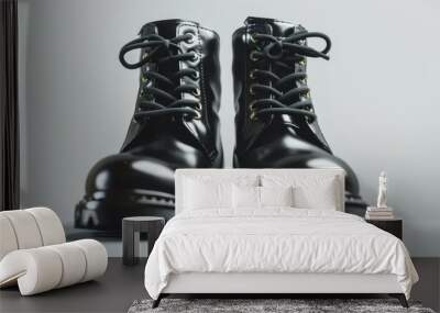 Pair of stylish black boots, white background, 4K hyperrealistic photo Wall mural