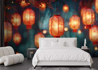 Paper red-white asian japanese chinese lanterns chochin akachochin shines on dark sky. A garland of paper lanterns glows at night. Wall mural