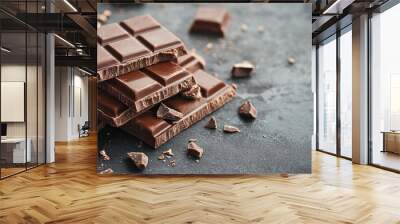 Pieces of tasty chocolate bars on grey table, space for text Wall mural