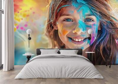 portrait happy smiling young girl celebrating holi festival, colorful face, vibrant powder paint explosion, joyous festival. Wall mural